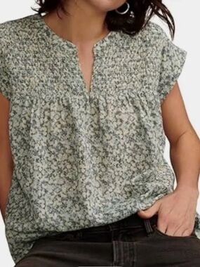 Lucky Brand Teal Boho Floral Smocked V-Neck Top Peasant Blouse Coquette Large